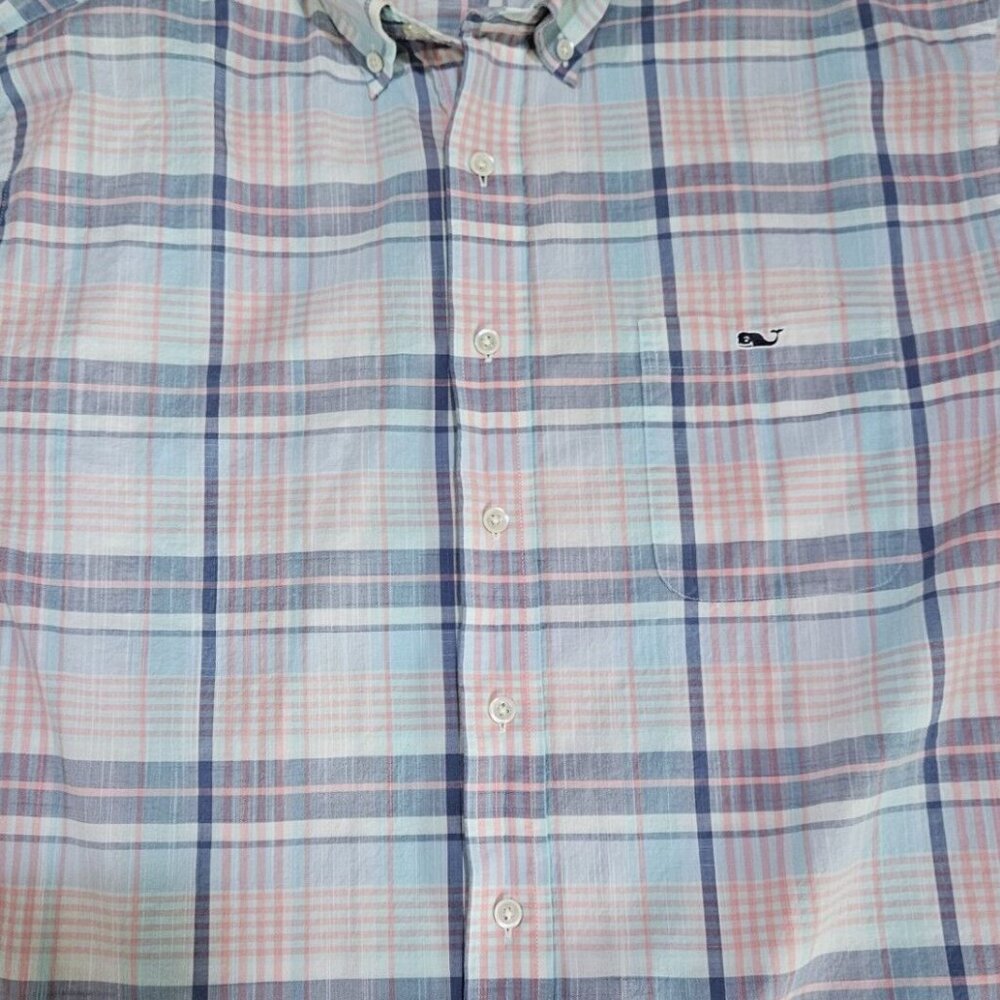 Vineyard Vines Men's XL pink blue plaid cotton button front shirt long sleeve